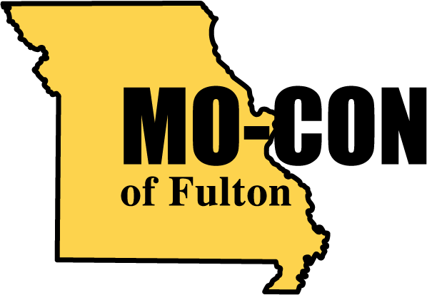 mo-con of Fulton logo over yellow state of Missouri shape with black border